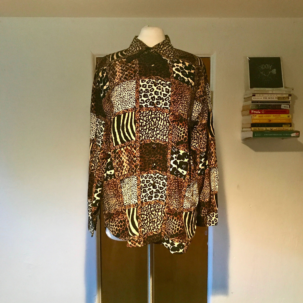 Corey B Vintage Wild Cat Print Blouse 100% Silk
